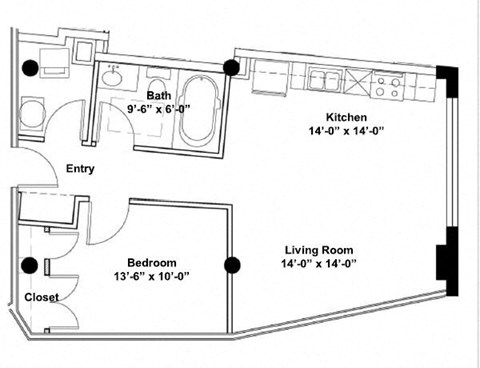 Floor plan for 1 bed, 1 bath, 655 sqft